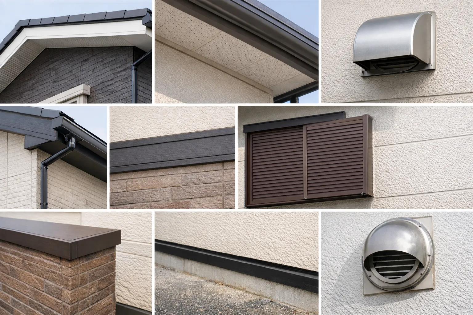 付帯部一覧。破風・鼻隠し・軒天・幕板・雨樋・雨戸・戸袋・笠木・水切り・換気フード