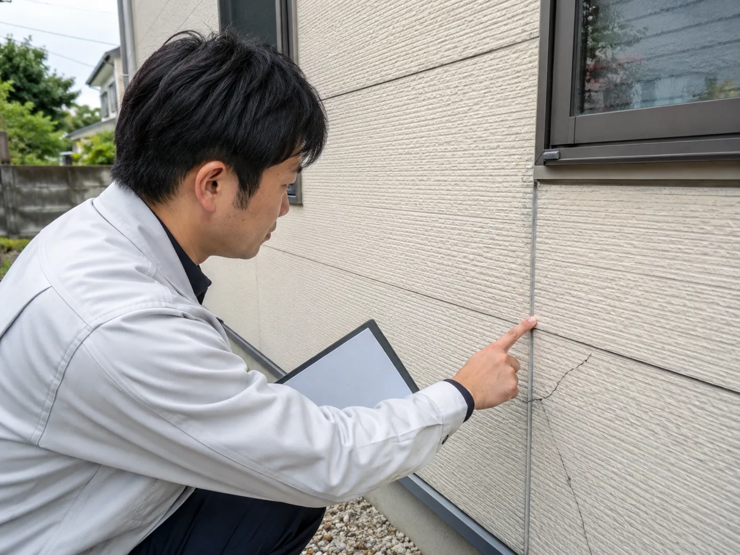 外壁塗装の現地調査で外壁とシーリングを確認する様子