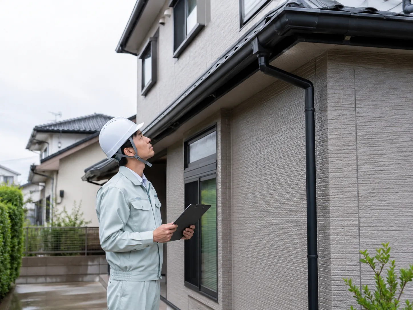 作業服のスタッフが地上から雨樋や外壁の状態を確認している様子