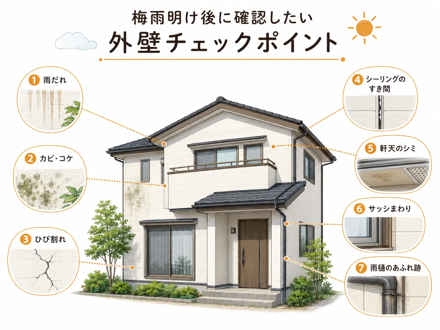 梅雨明け後に確認したい外壁チェックポイントの図解