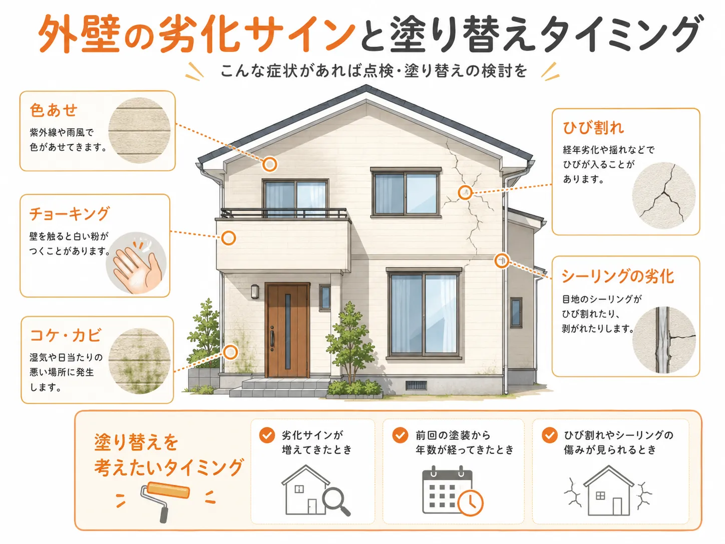 外壁の色あせ、チョーキング、ひび割れ、シーリング劣化など塗り替え時期のサインを説明した図