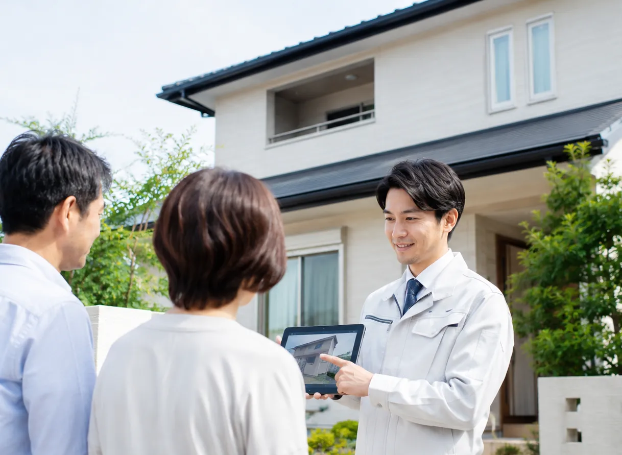 外壁塗装前に建物の状態を分かりやすく説明している様子