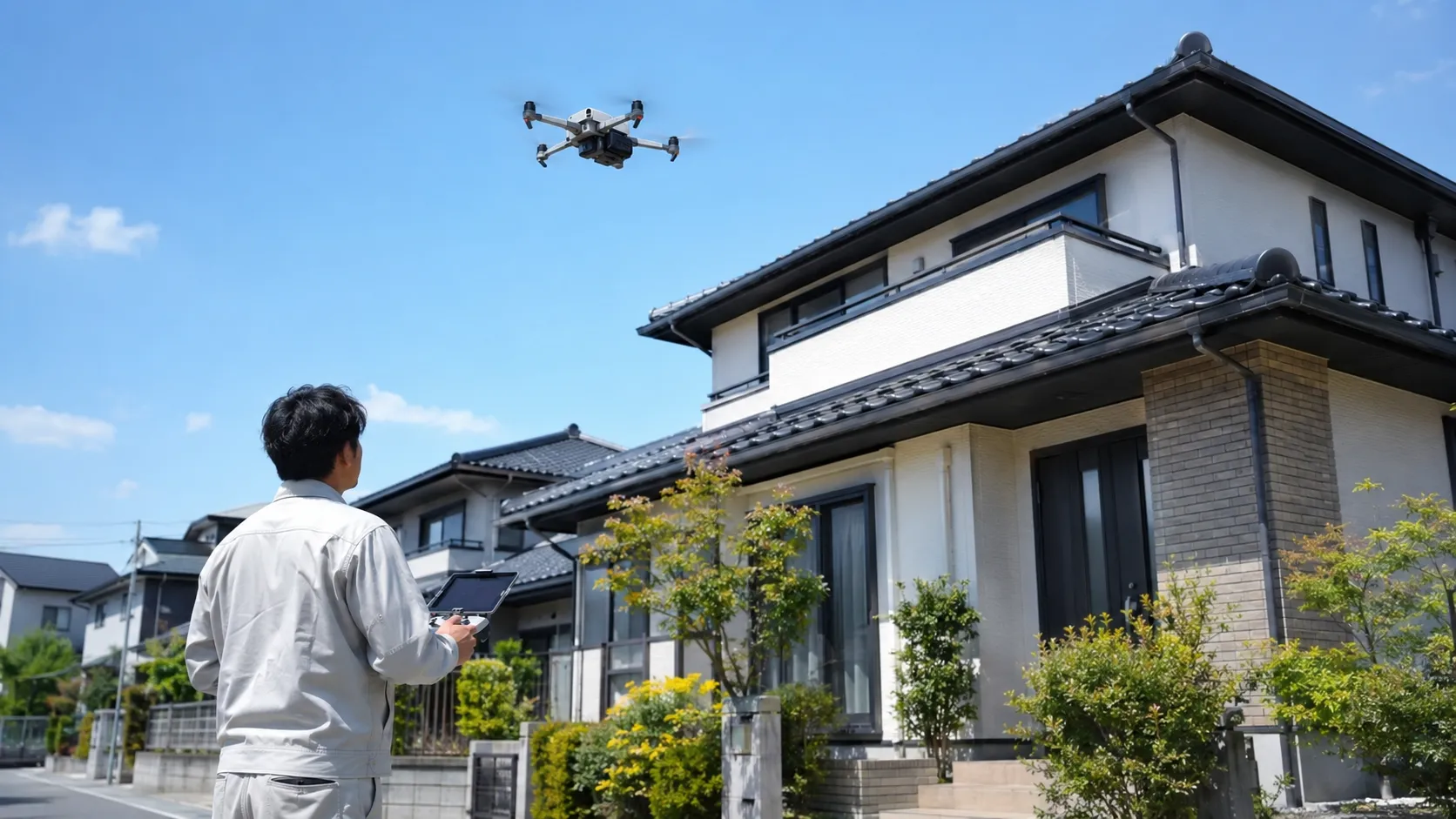 ドローンを使って屋根や高い場所を点検している様子