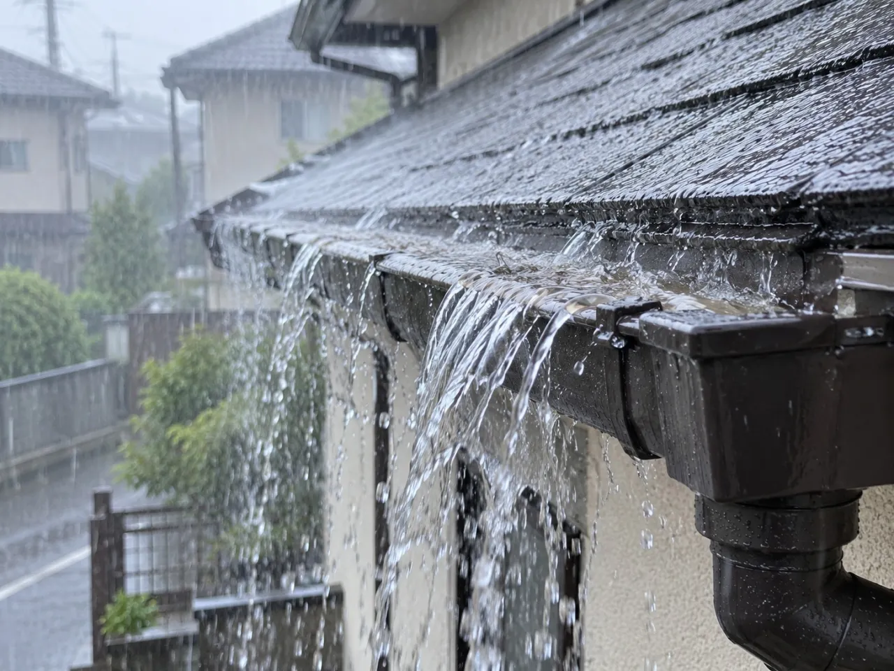 大雨で雨水があふれている住宅の雨樋